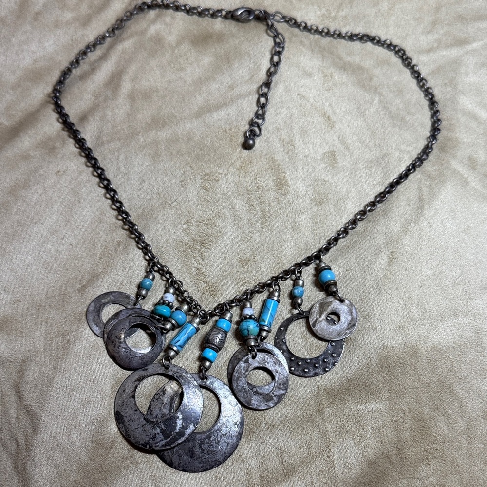 Vintage Boho Turquoise Accent Silver-Tone Pendant Necklace